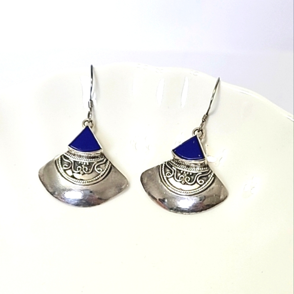 Vintage Boho Western Sterling Silver Lapis Lazuli Gemstone Drop Dangle Earrings